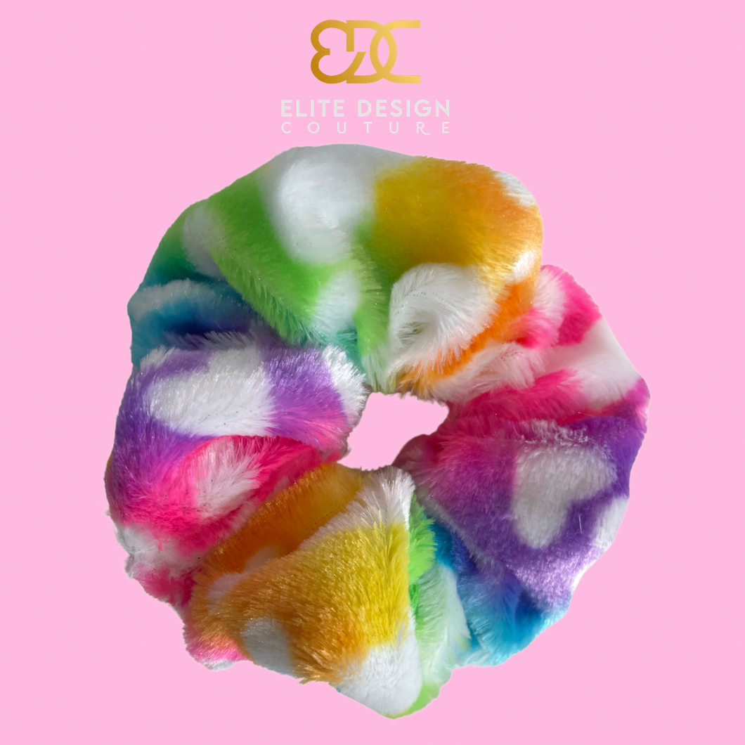 Rainbow Heart Fluff scrunchie.